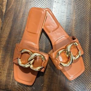 Sobymy Women's 40 Flat Sandals Coffee Brown Gold Chain Square Toe Slip On
